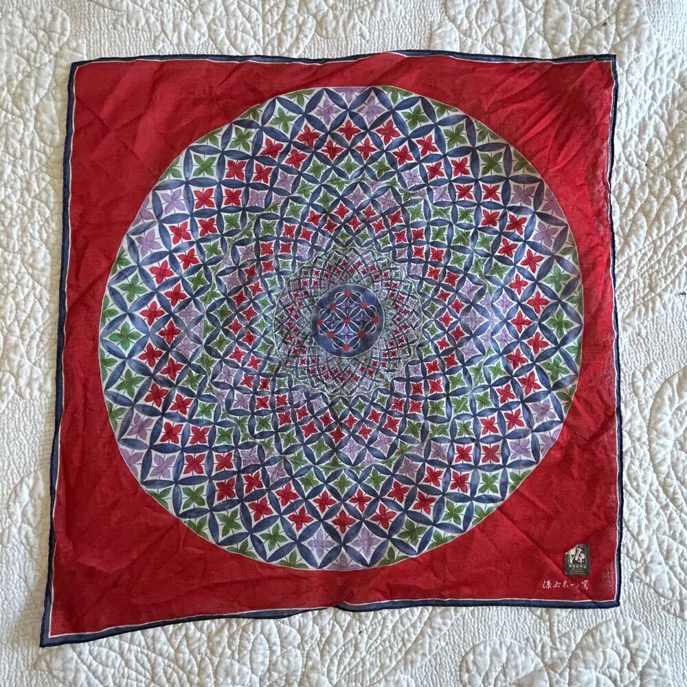 Beautiful 18 in Square Scarf Red w  Blue Kaleidoscope Print Asian Signed Cotton
